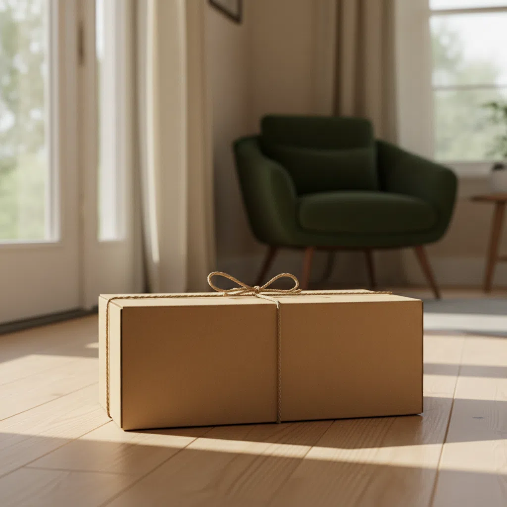 Välpackad kartongkartong på ett bord vid en ytterdörr