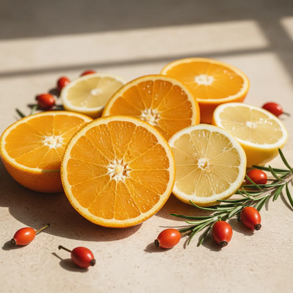 Apelsiner, citroner och nypon på ett ljust stenunderlag - C-vitaminrika råvaror