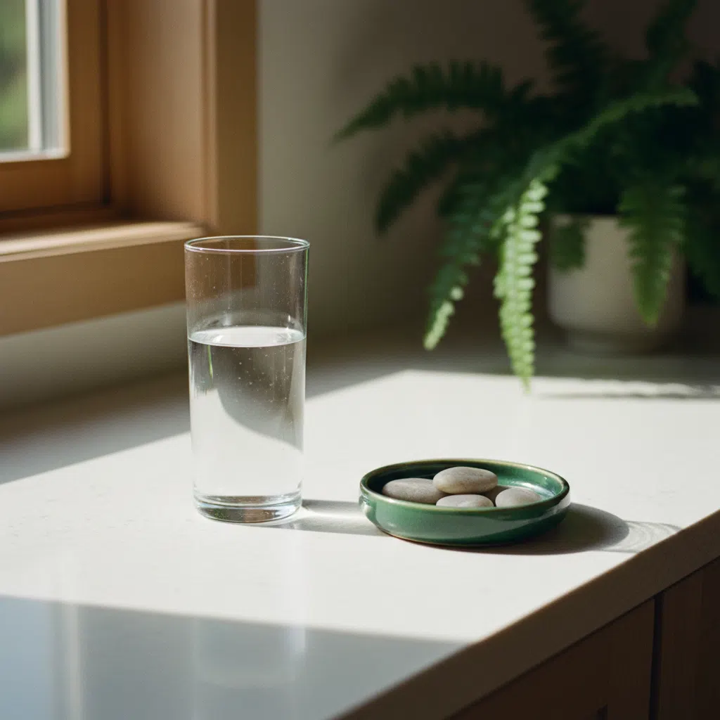Ett glas vatten och en kapsel på ett ljust köksbord med morgonljus